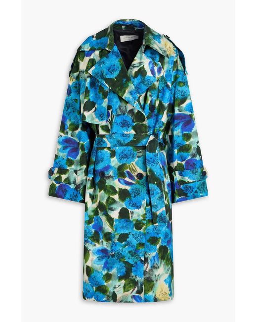 Dries Van Noten Blue Floral-print Cotton-twill Trench Coat