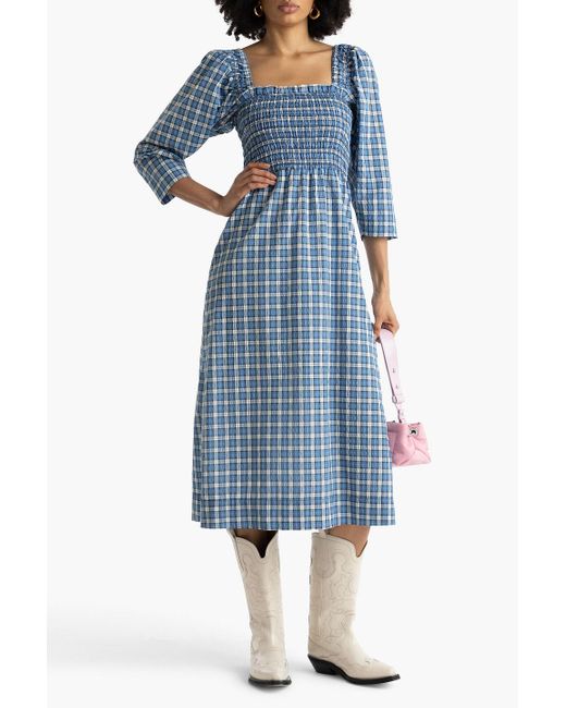 Ganni Blue Shirred Checked Cotton-blend Seersucker Midi Dress