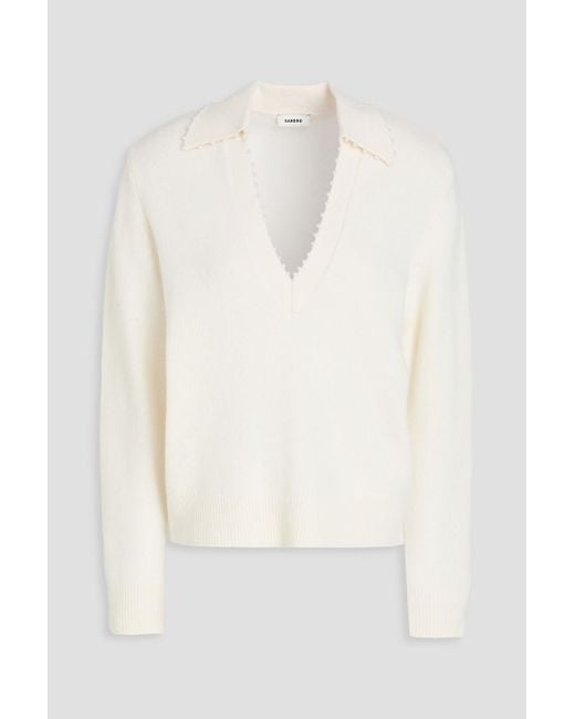 Sandro White Bead-Embellished Wool Polo Sweater