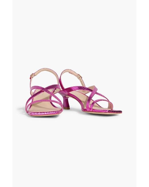 Stuart Weitzman Pink Oasis 50 Metallic Snake-Effect Leather Slingback Sandals