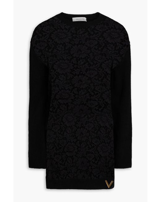 Valentino Garavani Black Corded Lace-paneled Wool And Cashmere-blend Sweater