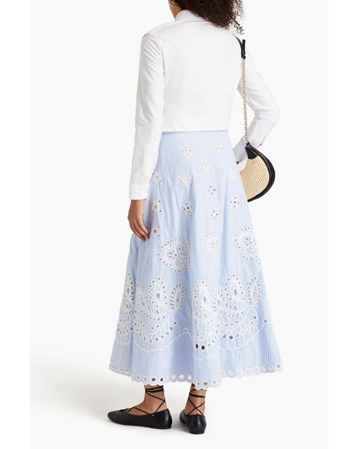 RED Valentino Blue Striped Broderie Anglaise Cotton Maxi Skirt