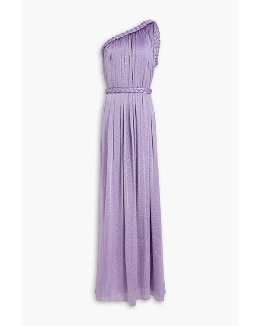 Costarellos Purple One-Shoulder Metallic Leopard-Print Georgette Gown