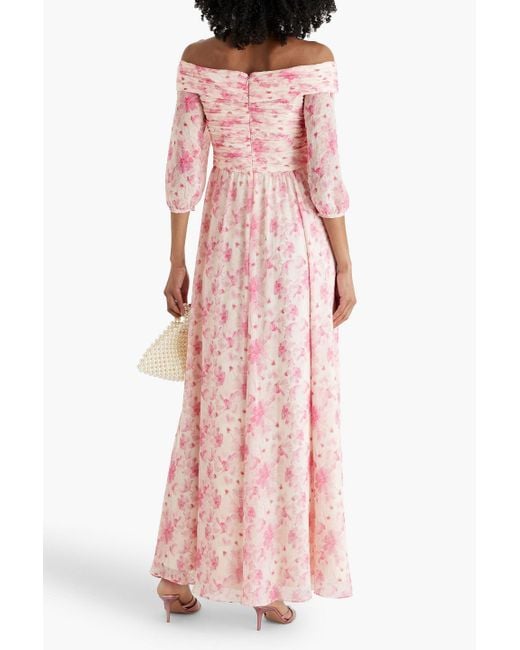 Mikael Aghal Pink Off-the-shoulder Floral-print Chiffon Maxi Dress