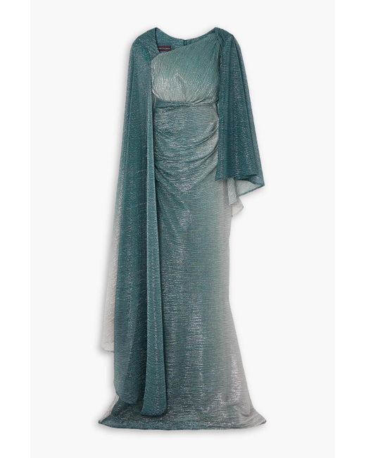 Talbot Runhof Green Asymmetric Cape-effect Metallic Voile Gown