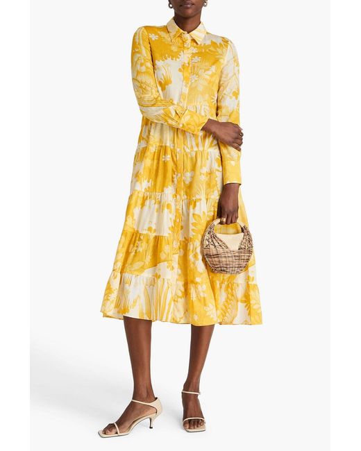 Erdem Yellow Tiered Floral-Print Cotton Midi Shirt Dress