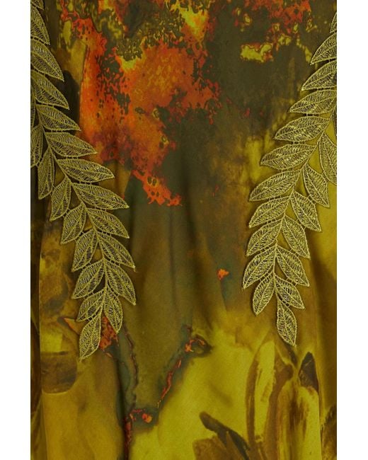 Alberta Ferretti Green Drapiertes midikleid aus seidenchiffon mit guipure-spitzenbesatz und print