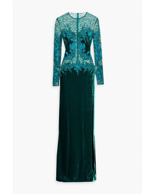 Zuhair Murad Green Corded Lace-paneled Embroidered Silk-blend Velvet Gown