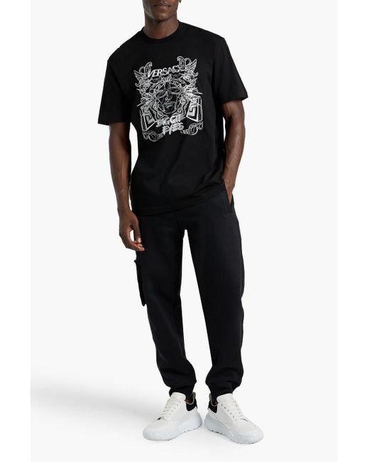Versace Black Embroidered Cotton-jersey T-shirt for men