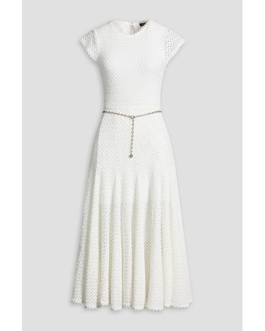 Maje White Belted Crochet Midi Dress
