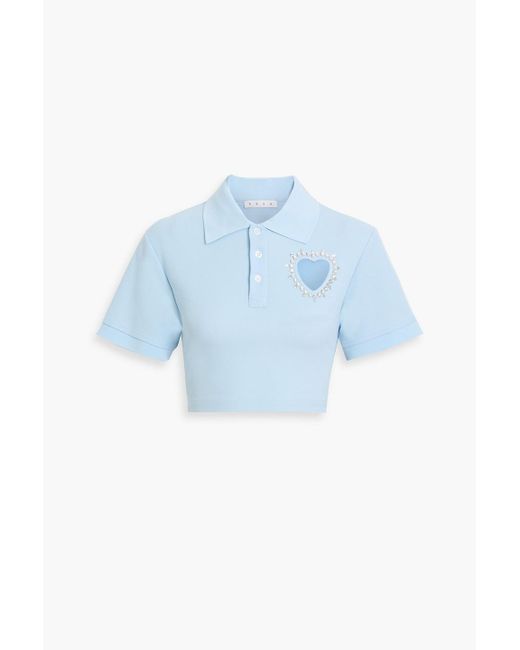 Area Blue Cropped Embellished Cotton-Piqué Polo Shirt