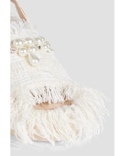 Simone Rocha White Low Trek Heart Embellished Frayed Tweed Slingback Sandals
