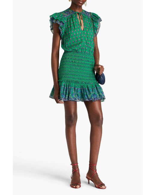 Veronica Beard Green Brindle Ruffled Printed Cotton-jacquard Mini Dress