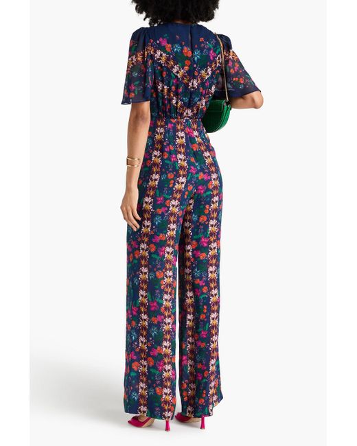 Saloni Blue Jumpsuit mit weitem bein aus seidenchiffon mit floralem print und biesen