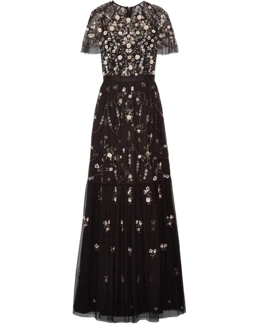 Needle & Thread Black Solstice Embellished Satin-trimmed Tulle Gown