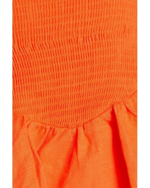 Sleeper Orange Atlanta Off-The-Shoulder Ruffled Linen Mini Dress