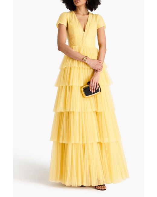 Costarellos Yellow Tiered Pleated Tulle Gown