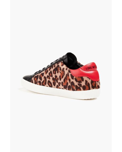 Love Moschino Red Sequin-embellished Leopard-print Velvet And Leather Sneakers