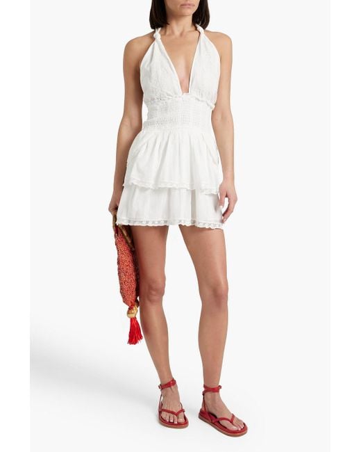 LoveShackFancy White Embroidered Cotton-gauze Halterneck Mini Dress