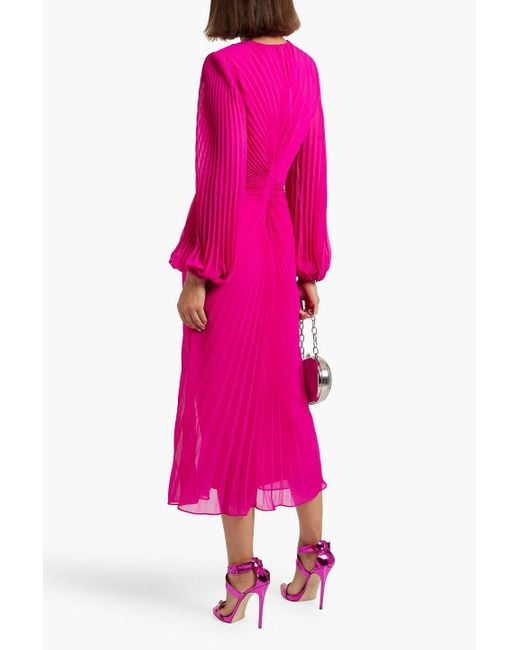 Badgley Mischka Pliss-Chiffon Midi Dress in Pink | Lyst