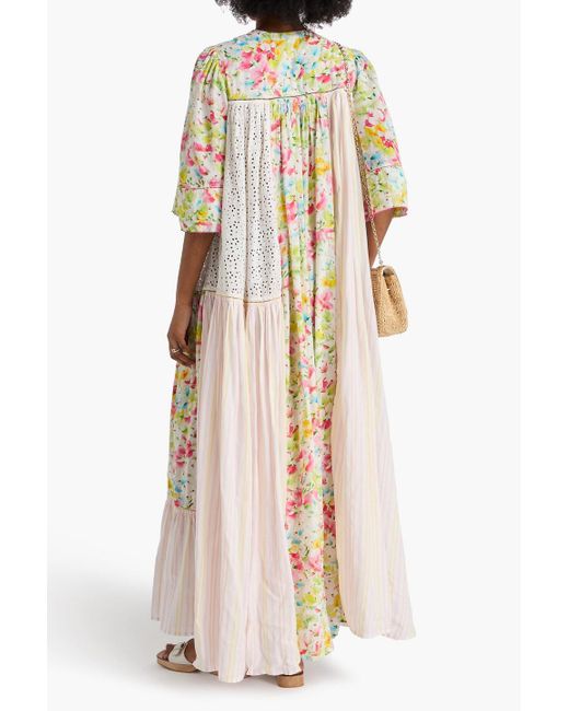 byTiMo White Floral-Print Patchwork Cotton-Blend Mousseline Maxi Dress