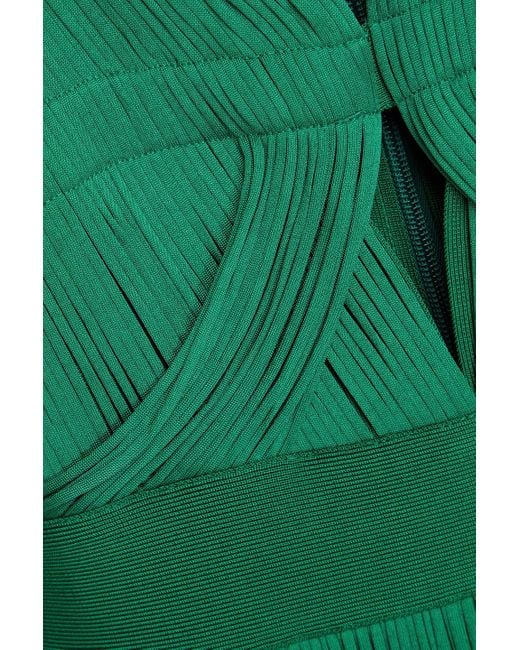 Hervé Léger Green Cutout Fringed Ponte Gown
