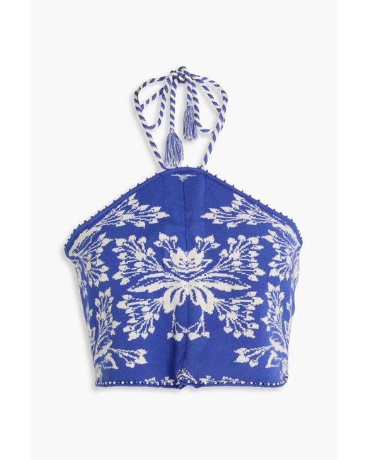 Farm Rio Blue Cropped Bead-embellished Jacquard-knit Top