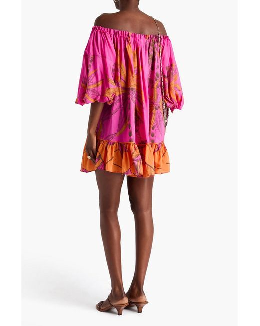 Farm Rio Pink Off-The-Shoulder Printed Cotton-Blend Sateen Mini Dress