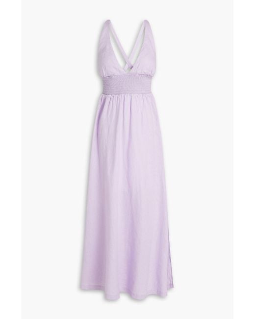 Heidi Klein Purple Lake Garda Smocked Linen Maxi Dress