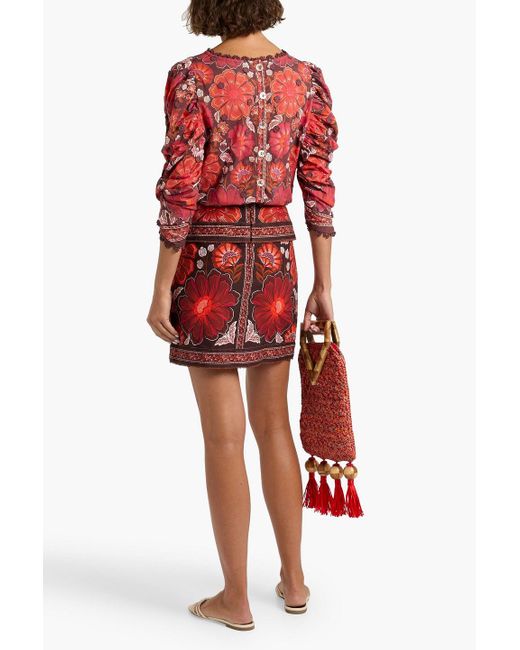 Farm Rio Red Appliquéd Floral-Print Cotton-Voile Blouse