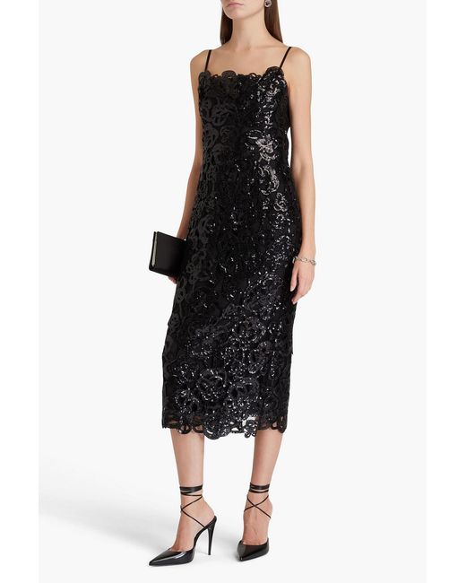 Marchesa Black Sequined Guipure Lace Midi Dress