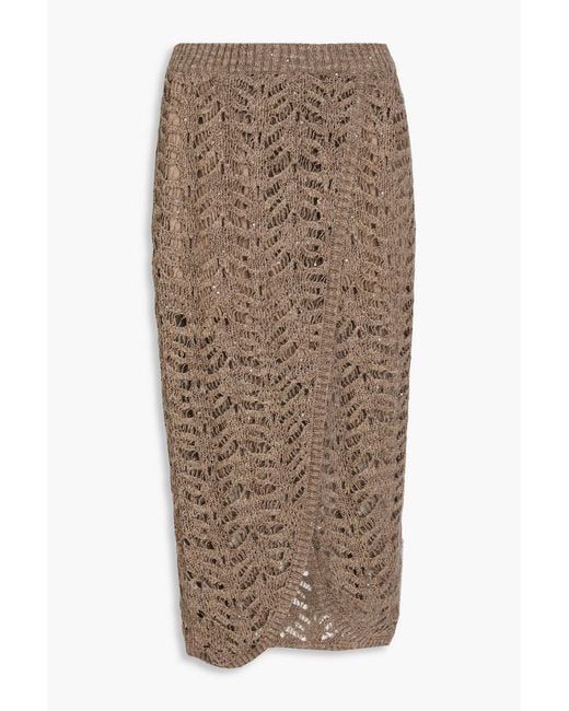 Brunello Cucinelli Brown Wrap-Effect Crocheted Linen-Blend Midi Skirt