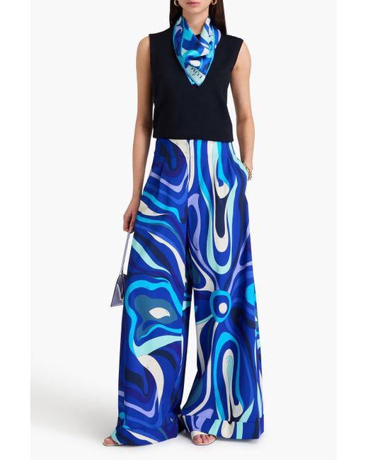 Emilio Pucci Blue Printed Wool-blend Twill Wide-leg Pants