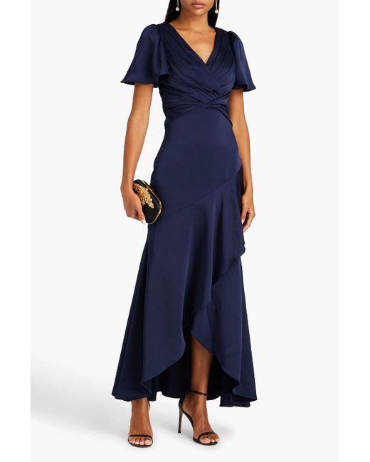 THEIA Blue Ruffled Pleated Satin Gown
