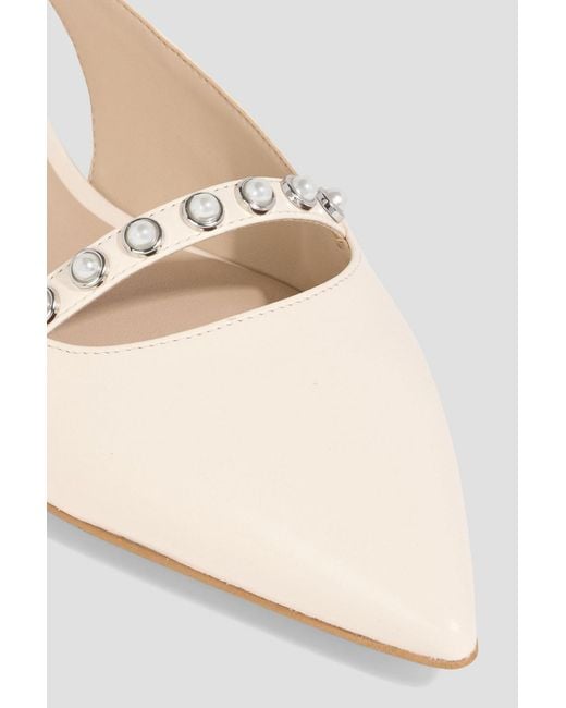 Stuart Weitzman White Faux Pearl-Embellished Leather Slingback Point-Toe Flats
