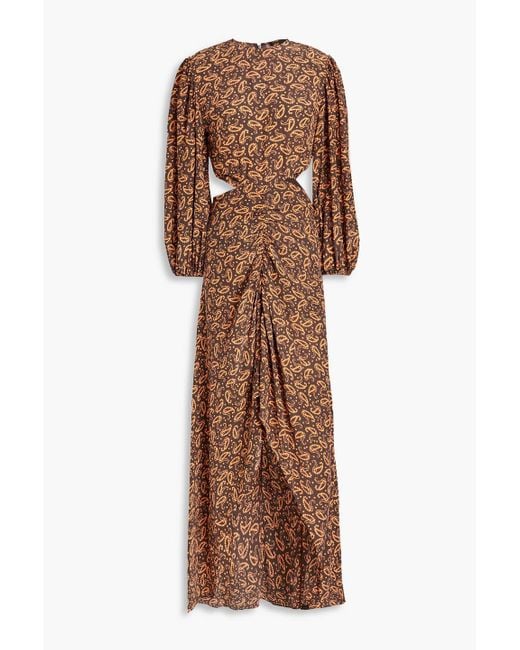 Maje Brown Cutout Ruched Paisley-print Crepe Maxi Dress