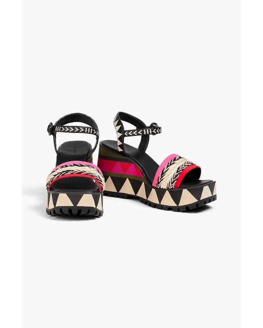 Farm Rio Black Faux Raffia Wedge Sandals