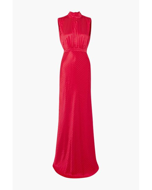 Saloni Red Fleur Tie-back Silk-satin Jacquard Gown