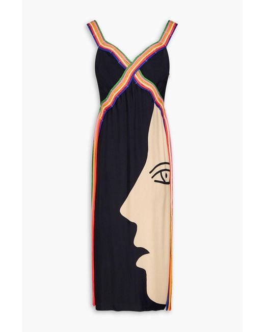 Farm Rio Blue Appliquéd Printed Crepe Midi Dress