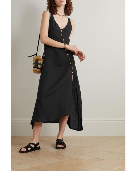 LeKasha Black Rafah Asymmetric Button-embellished Linen Midi Dress