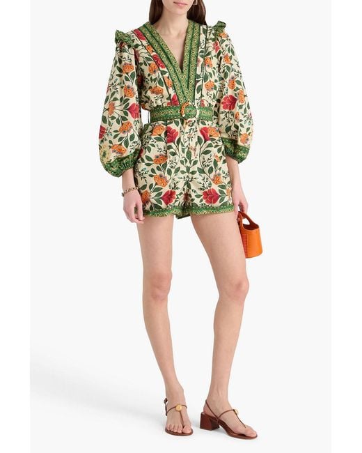 Farm Rio Natural Ruffled Floral-print Cotton Playsuit