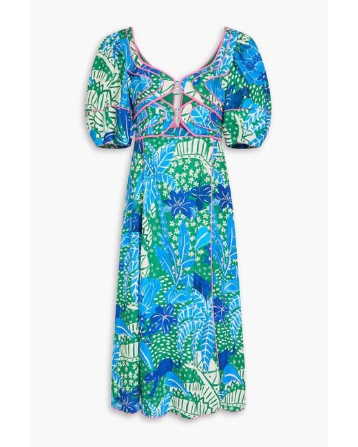Farm Rio Blue Midikleid aus einer leinenmischung mit floralem print und cut-outs