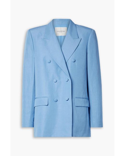 Lafayette 148 New York Blue Trinity Double-breasted Silk And Linen-blend Blazer