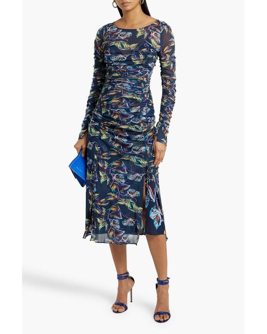 Diane von Furstenberg Blue Corinne Ruched Floral-print Mesh Midi Dress