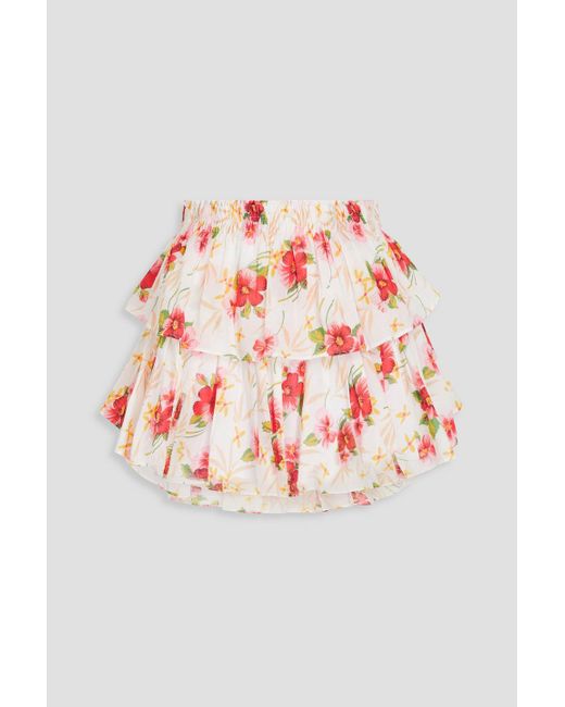 LoveShackFancy Pink Tiered Floral-print Cotton Mini Skirt