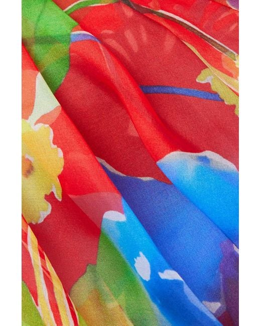 Carolina Herrera Red One-shoulder Gathe Floral-print Silk-chiffon Midi Dress
