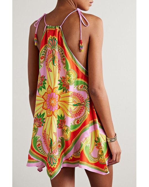 Farm Rio Orange Bead-embellished Printed Satin Mini Dress