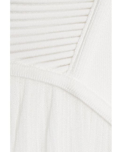 Balmain White Pleated Ribbed And Crochet-Knit Mini Dress