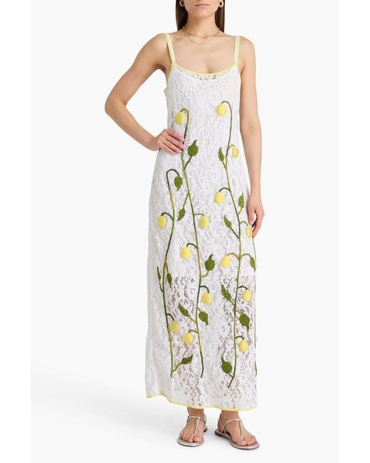 Leslie Amon White Embroidered Cotton-Blend Corded Lace Midi Dress