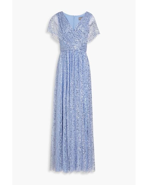 THEIA Blue Embellished Pleated Tulle Gown